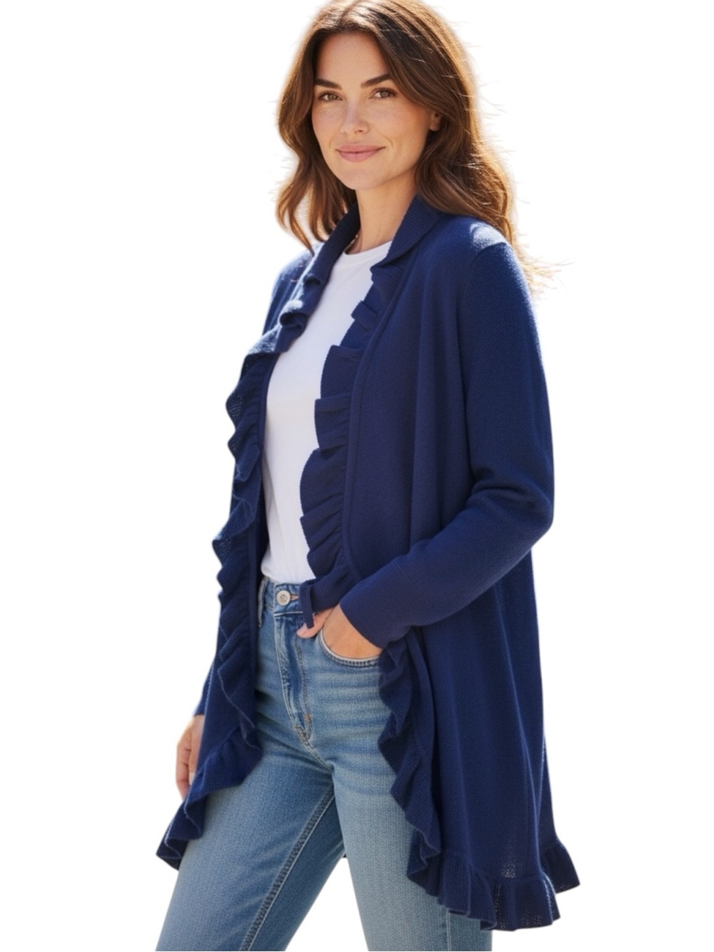 Magaschoni 100% Cashmere Ruffle Open Front Cardigan Women’s Small Navy Blue